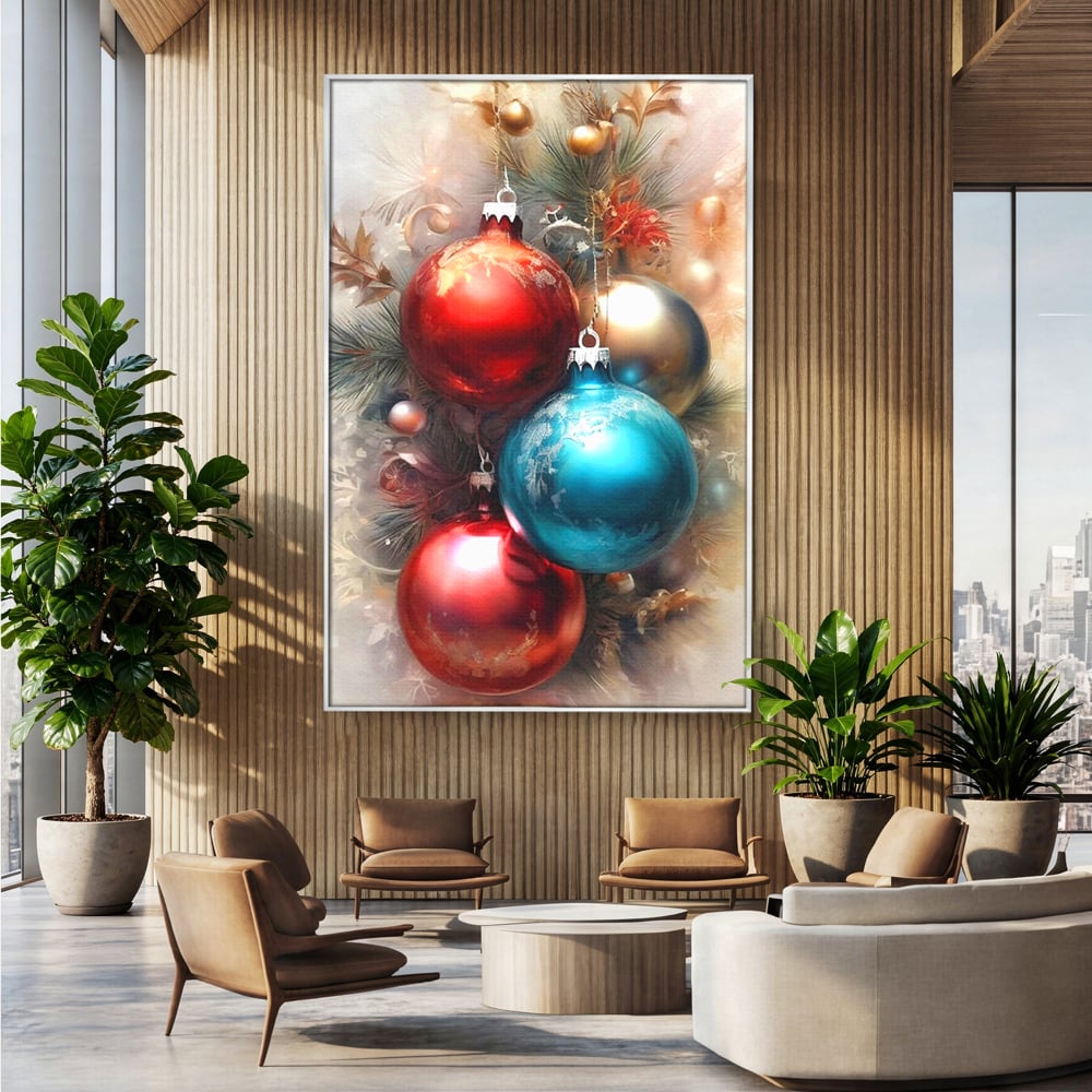 Tablou canvas cu tablou canvas cu globuri de craciun, in rama de aluminiu argintiu, pe perete intr-un birou